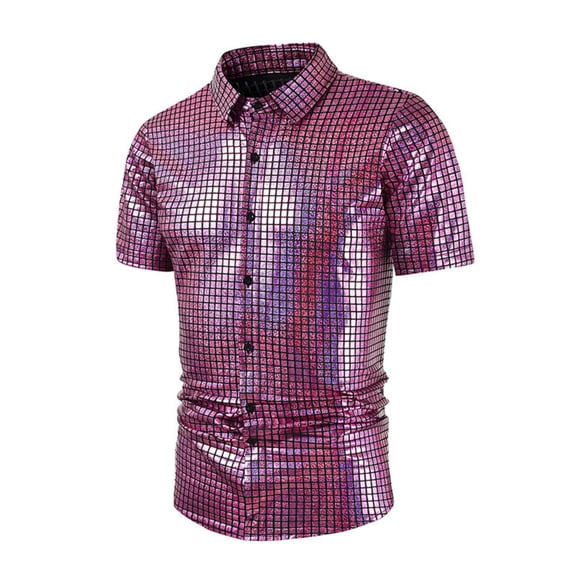 Mens Shirts Under $10 Men's Retro 70s Disco Shirt Sequin Metallic Short Sleeve Button Down Shirt Shiny Party Prom Costume Top Pink XL