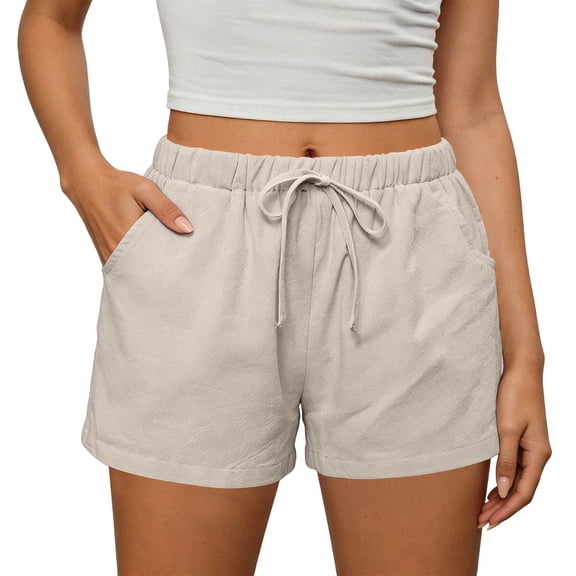 Nfurl Pull on Shorts for Women with Elastic Waist Drawstring Solid Color Lounge Shorts with Pockets Summer Casual Holiday Beach Shorts Khaki,M