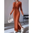 thumbnail image 6 of Women'S Long Sleeve Collar V Neck Maxi Dress Slit Thigh Ribbed Knit Bodycon Dresses Reddish Brown XL, 6 of 9