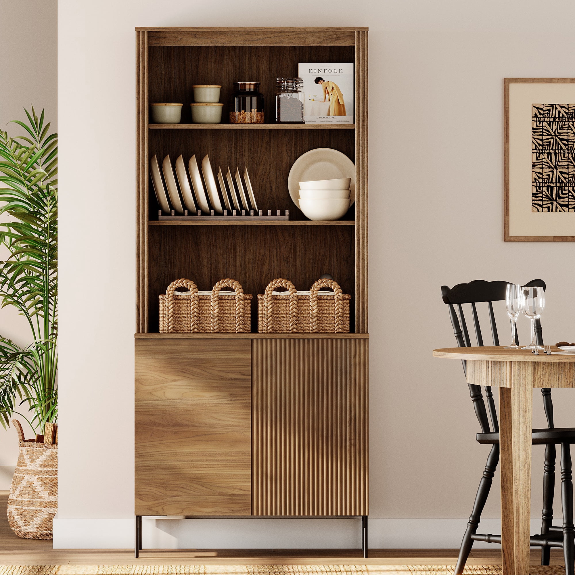 71.6" Tall Modern 5 Tier Bookcase with Storage Cabinet, Wooden Display Cabinet with Fluted Doors and Adjustable Shelves, Versatile Bookshelf for Living Room, Study, Office