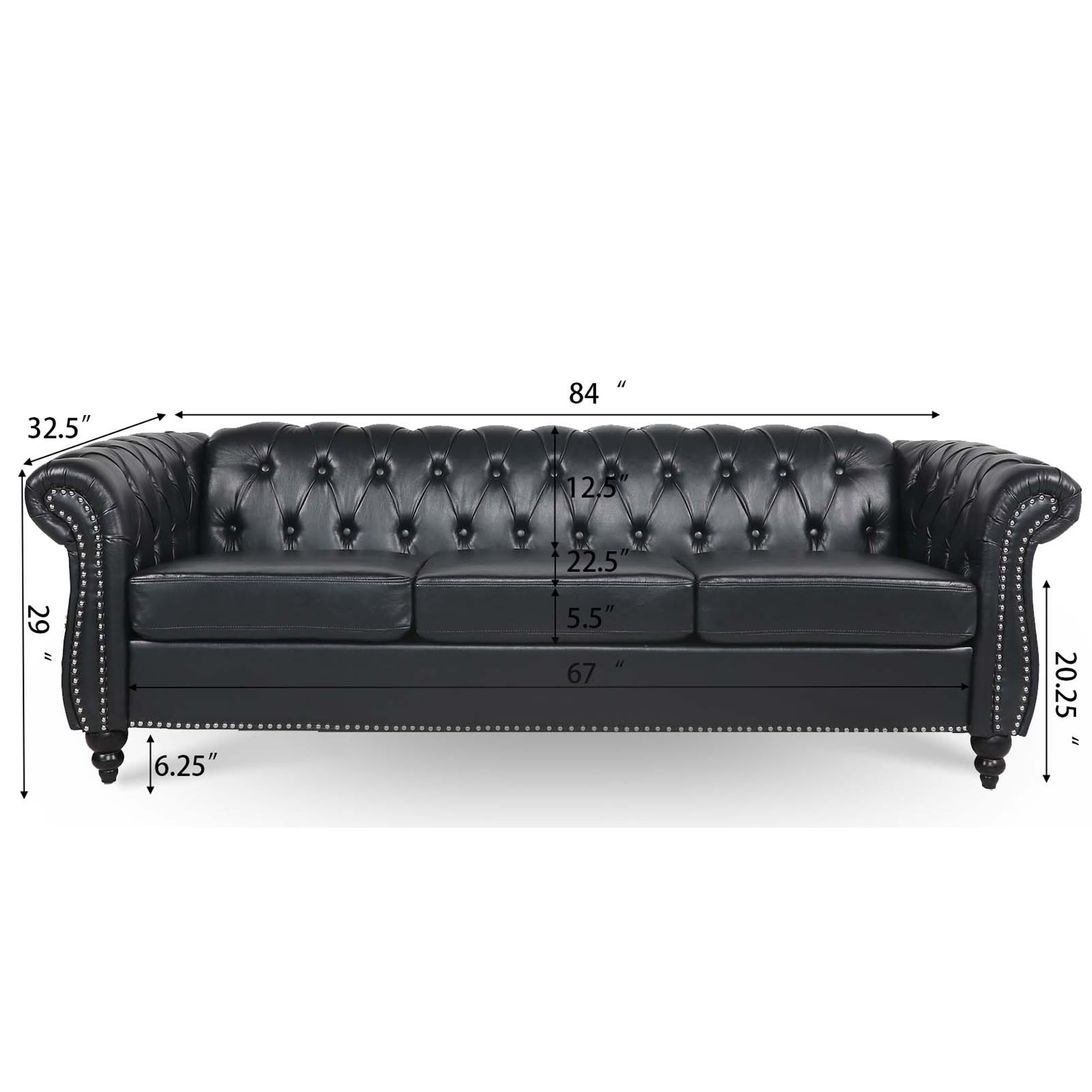 Miniyam 85" PU Rolled Arm Chesterfield 3 Seater Sofa, Black