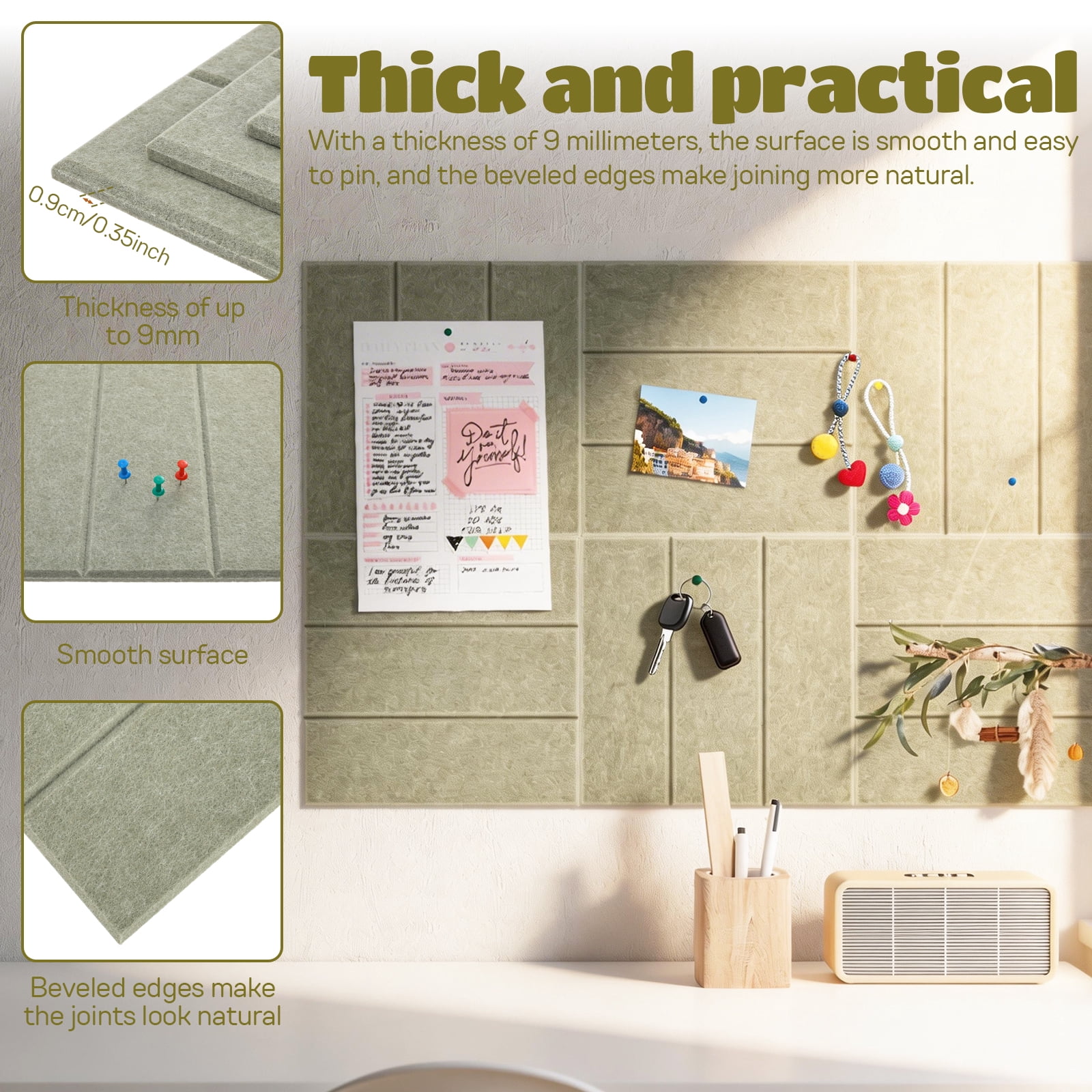 6PCS Felt Bulletin Board Tiles with Adhesive Tabs and Pushpins Felt Wall Tiles Push Pin Board Wall Organizer for Office Home Decoration