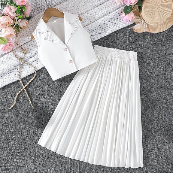 hengsof Girls 2 Piece Skirt Set Sleeveless Lapel Button Up Shirt Pleated Skirt Cute Set Summer Lapel Fashion Shirt Set