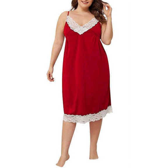 Nananla Valentine's Day Sexy Backless Solid Color Lace Splicing Sleepwear Nightwear Nightdress Plus Size with Thong