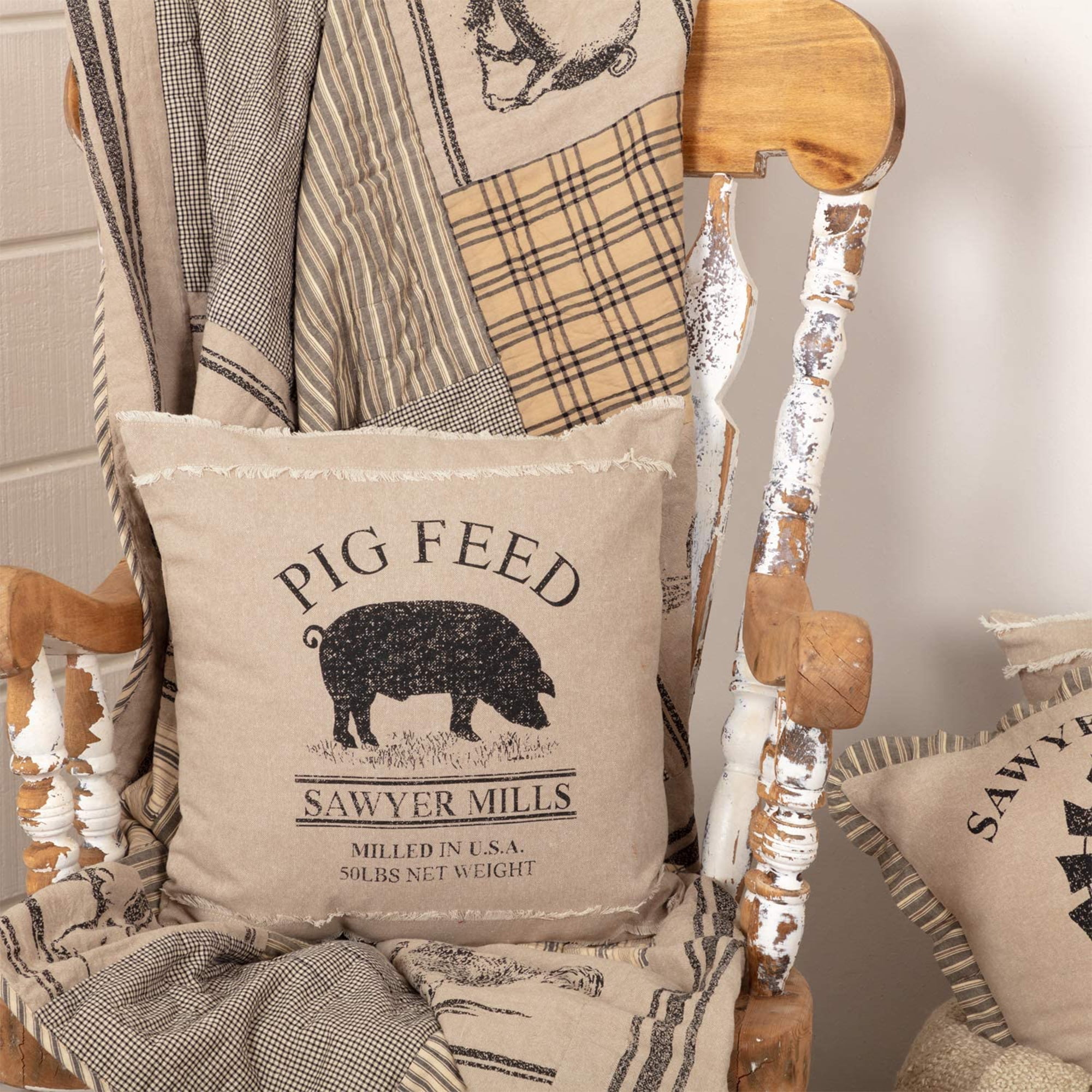 VHC Brands Sawyer Mill 18x18" Square Accent Throw Pillow, Pig, Charcoal