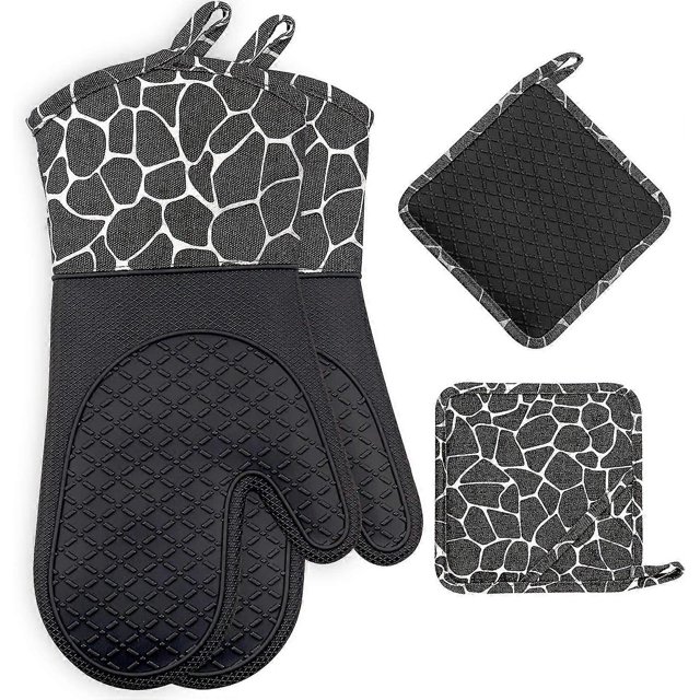 Silicone Oven Gloves, Heat Resistant Bbq Gloves 1 Pair And 2 Potholders, Perfect For Grill Bbq Kitchen Baking Oven (black)