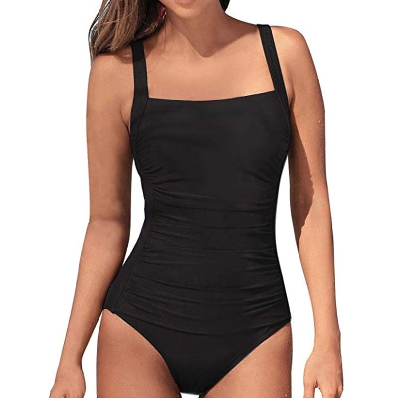 Women Padded Solid Backless Bikini Tankini Solid High Waist One Piece Swimwear 
