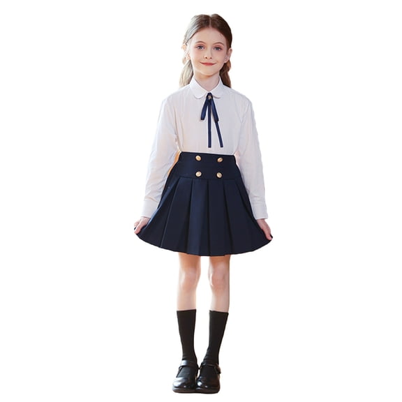 Tiijoy Girls School Uniform Long Sleeve White Shirt Pleated Skirt Outfit Set, Sizes 3-18