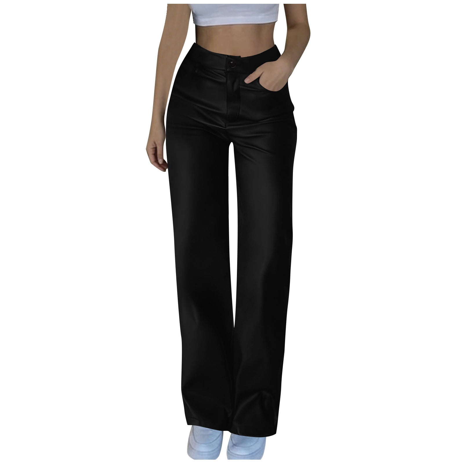 Moxiu Women's Faux Leather Straight Leg Trousers Button Elastic High Waisted Loose Casual Pants for Party Club Date Night Black,S
