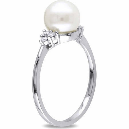 Miabella 7.5mm-8mm White Round Cultured Freshwater Pearl and Diamond-Accent 14kt White Gold Cocktail Ring