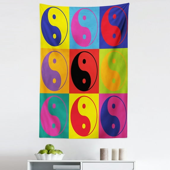 Peace Tapestry, Pop Art Design Yin Yang Signs Hippie Style Eastern Peace and Balance Theme, Fabric Wall Hanging Decor for Bedroom Living Room Dorm, 5 Sizes, Multicolor, by Ambesonne