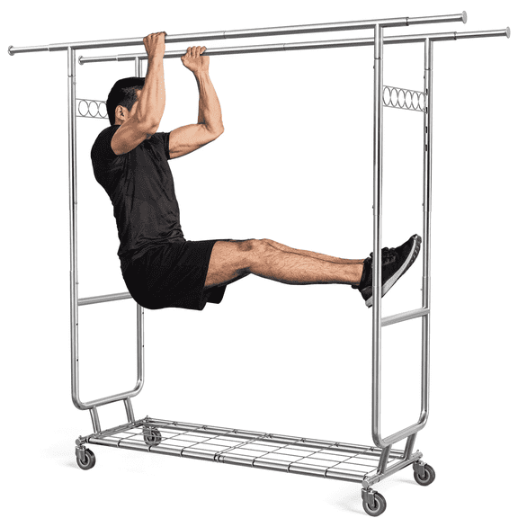 Mr IRONSTONE 600 lbs Commercial Grade Heavy Duty Garment Rack with Shelves Collapsible Clothing Racks on Wheels Rolling Clothes Rack for Hanging Clothes Portable Adjustable, Chrome Finish