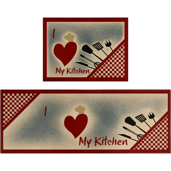 Red Kitchen Rugs Retro Utensils I Love My Kitchen Mat Red Kitchen Decor And Accessories Checkerboard Non-Slip Kitchen Rug and Mats Floor Mat Runner Rug for Kitchen Laundry Living Room Front Door