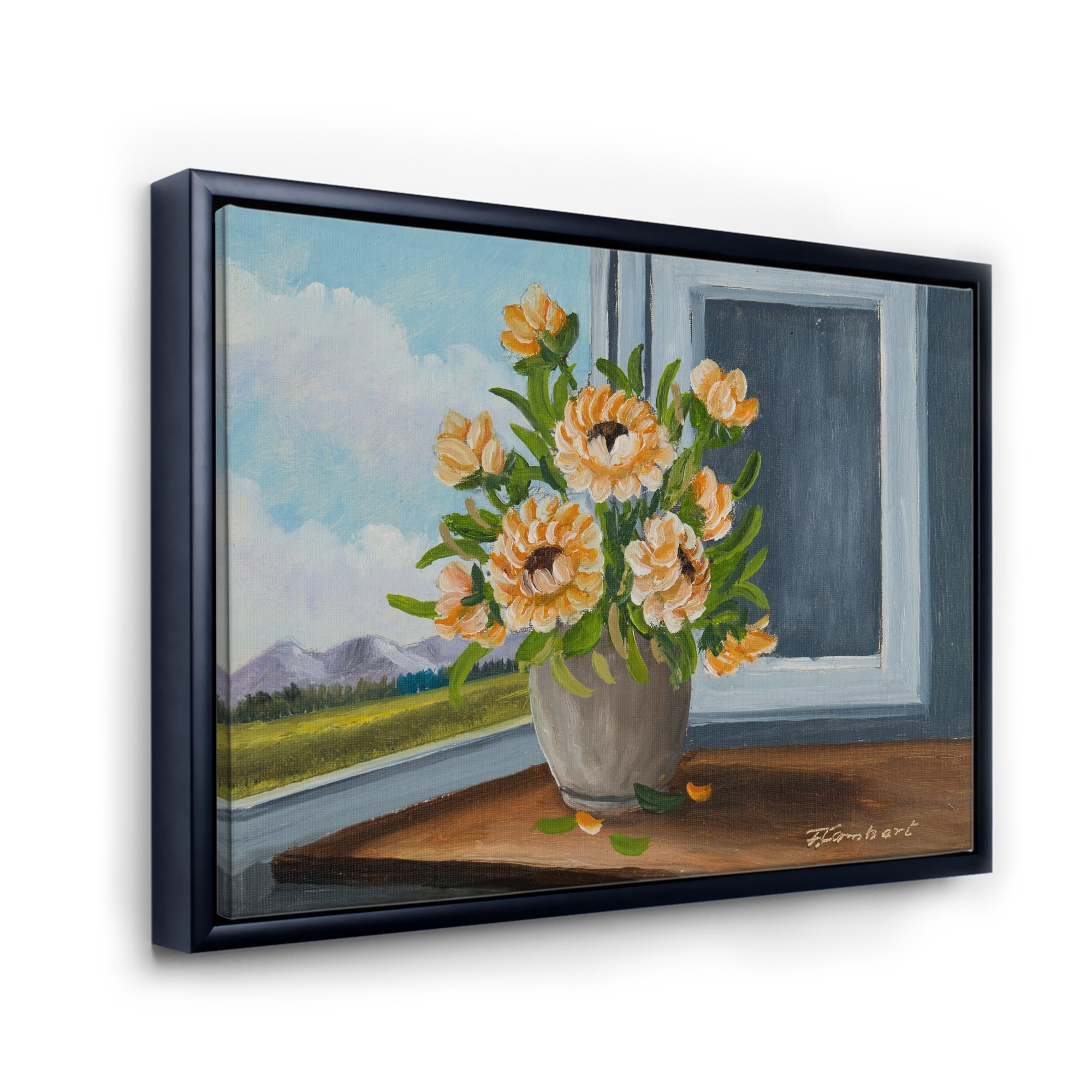 Designart 'Still Life With Orange Flowers In Vase At The Window' Traditional Framed Canvas Wall Art Print