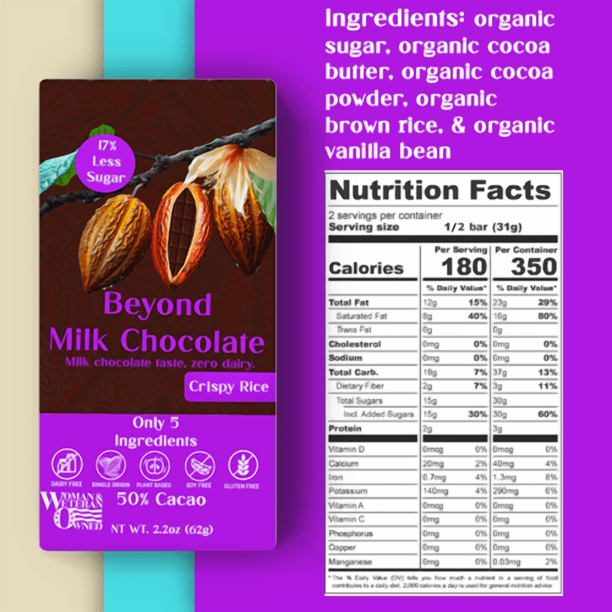 Beyond Milk Chocolate w/ Crispy Rice Bar - Dairy-free | 2.2 Ounce (Pack of 6) | Organic, Low Sugar, 50% Cacao, Plant Based, Dairy Free, Gluten-Free | Single Origin