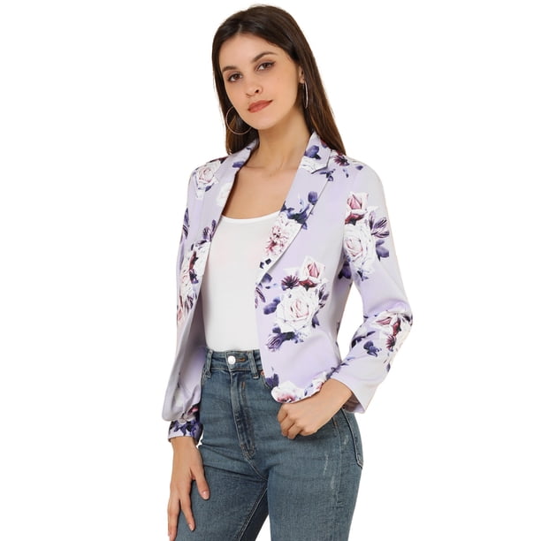 INSPIRE CHIC Chaqueta abierta de la chaqueta del traje de la cosecha del trabajo de la oficina del frente de las mujeres Morado-Floral L
