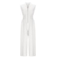 thumbnail image 6 of lcziwo Womens V Neck Casual Dressy Jumpsuits Smocked Zip Up Sleeveless Wide Leg Onesie Pants Summer Casual Elastic Waist Overalls with Pockets Work Outfit White L, 6 of 9