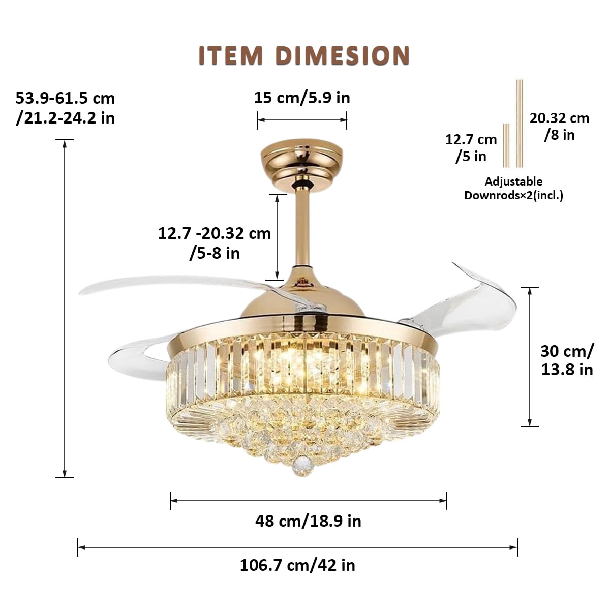 Jacgood 42" Retractable Crystal Ceiling Fan with Light and Remote Control, 6-Speed Quiet DC Motor, Dimmable LED Fandelier for Bedroom and Living Room, Gold Finish