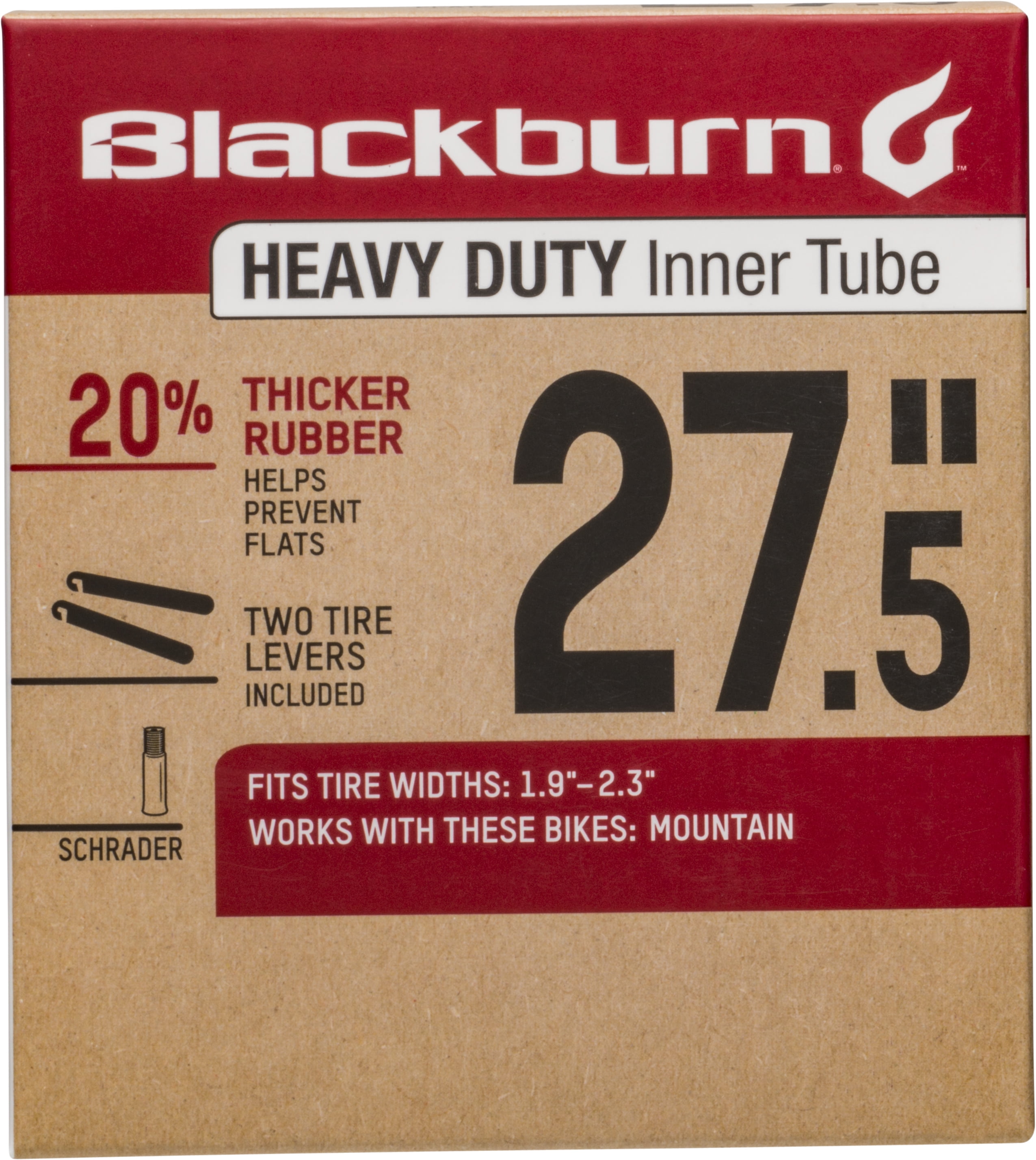 Blackburn Heavy Duty Bicycle Inner Tube with Tire Levers, Schrader Valve, 27.5' x 2.1-2.3'