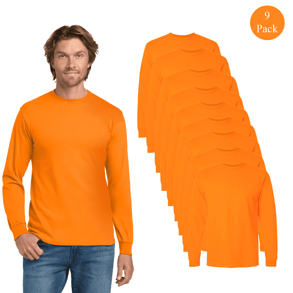 Gildan Unisex Hi Vis Ultra Cotton T-Shirt, Long Sleeve Work Safety Tee, Safety Orange, 9 Pack, S