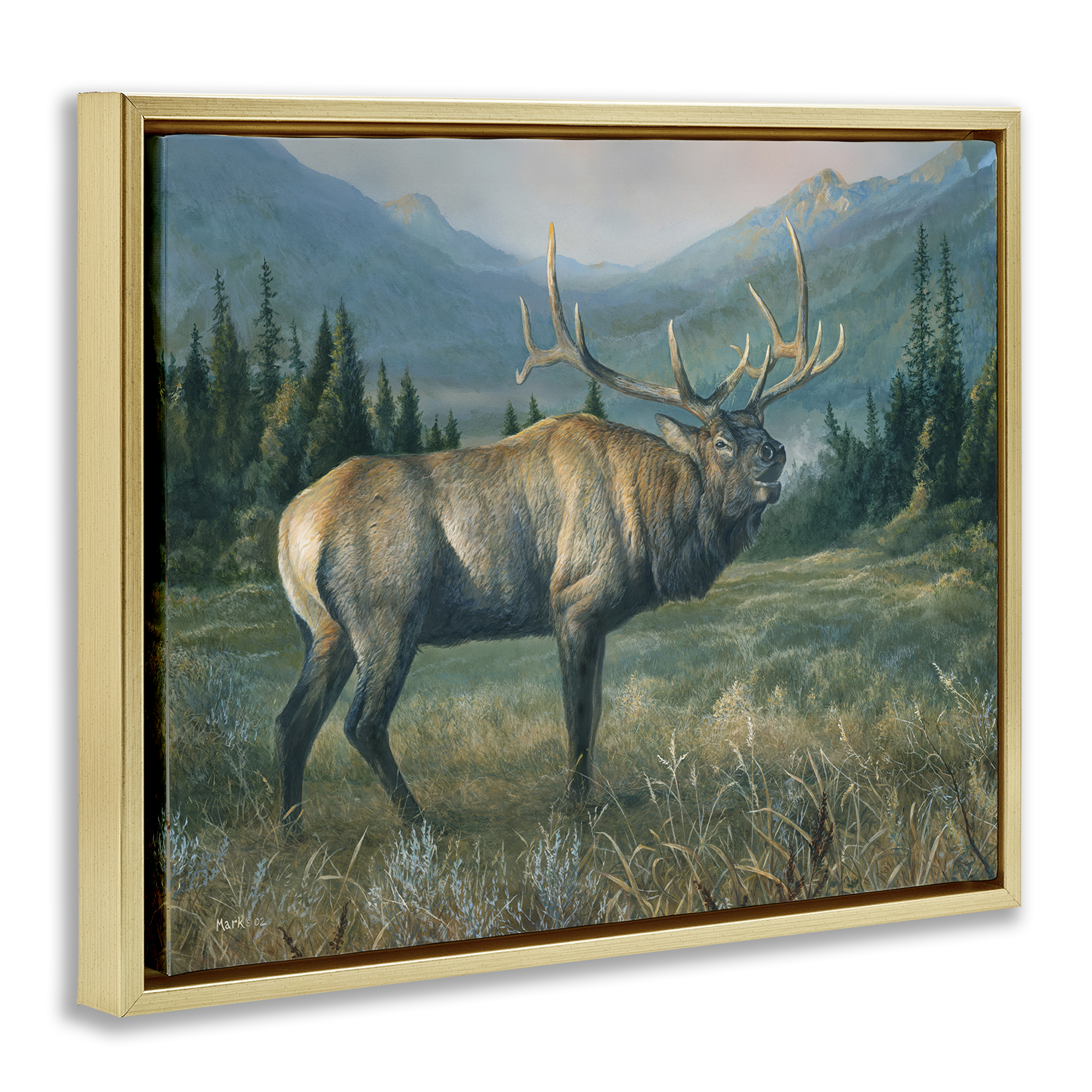 Stupell Industries Powerful Elk in Field Animals Painting Gold Floater Framed Canvas Art Print Wall Art, 21 x 17