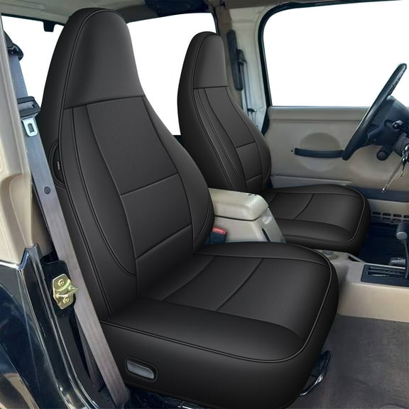 AOMSAZTO Custom Seat Covers for Jeep Wrangler 1997-2002 Car Seat Covers for Jeep Wrangler Faux Leather Seat Protectors Full Set Black