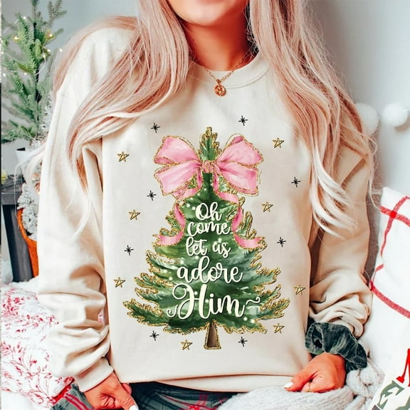 Oh Come Let Us Adore Him Sweater, Glitter Coquette Christmas Tree Jesus Hand Drawn Holiday Sweatshirt