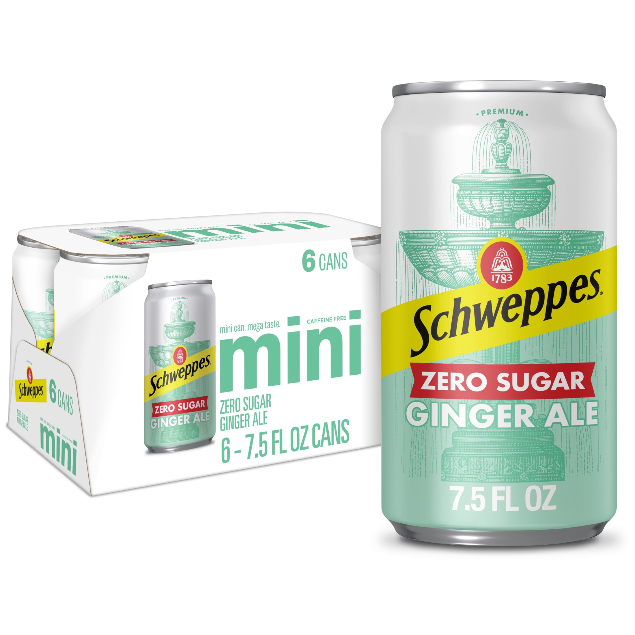 (4 pack) Schweppes Caffeine Free Zero Sugar Ginger Ale Soda Pop, 7.5 fl oz, 6 Pack Cans
