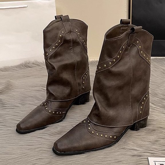PiGOGI Women's Cowboy Boots for Women Mid Calf Western Style Boots Pointed Toe Vintage Fashion Fall Winter Khaki 40