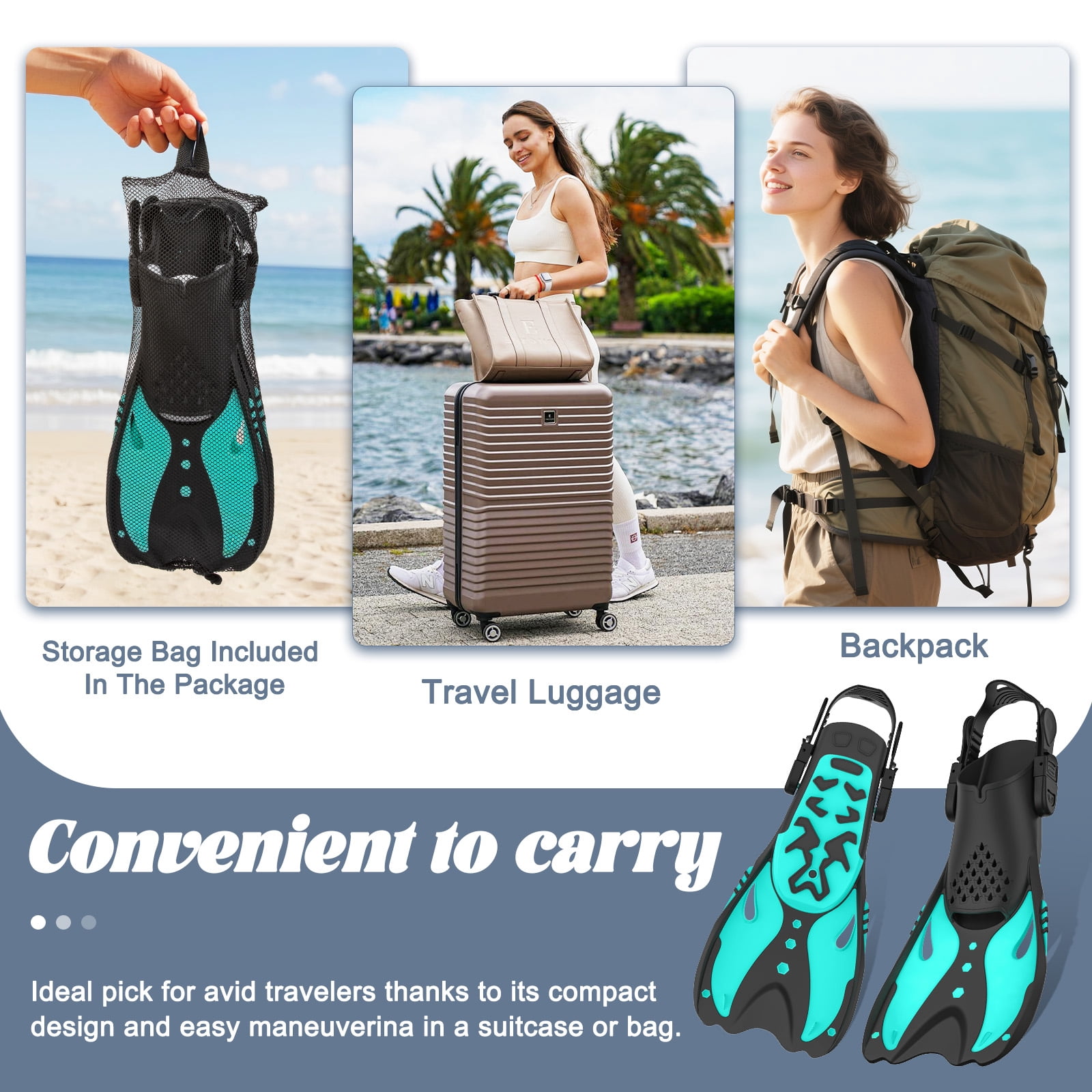 MATEPROX Adult Swim Fins Adjustable Short Blade Dving Flippers Travel Size for Snorkeling-S/M,Green