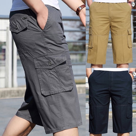 Men's Big & Tall Long Cargo Shorts Cotton Ripstop Workwear Below Knee Capris with Muti Pockets Drawstring Elastic Waistband Capri Pants Big and Tall Size 2XL-6XL Yellow