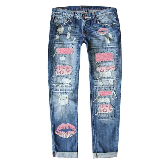 Bmisegm Women's Autumn and Winter Valentine's Day Jeans Printed Hole Thickened Trousers Y2K Jeans for Women Pink XL