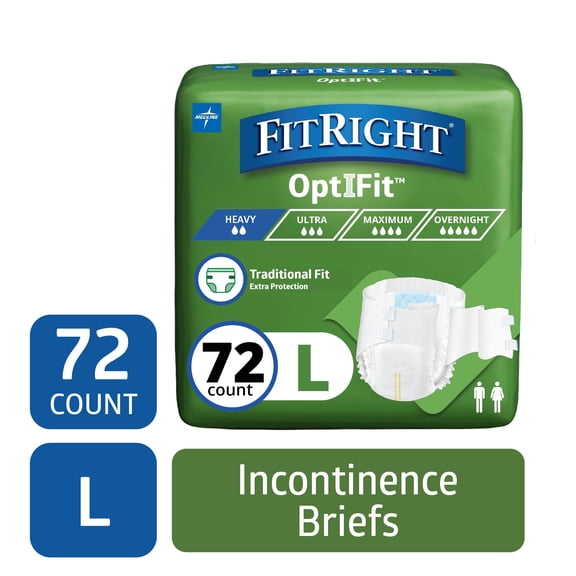 FitRight Adult Incontinence Briefs, Diapers with Tabs, Heavy Absorbency, Large, 44in to 58in, 72 Count