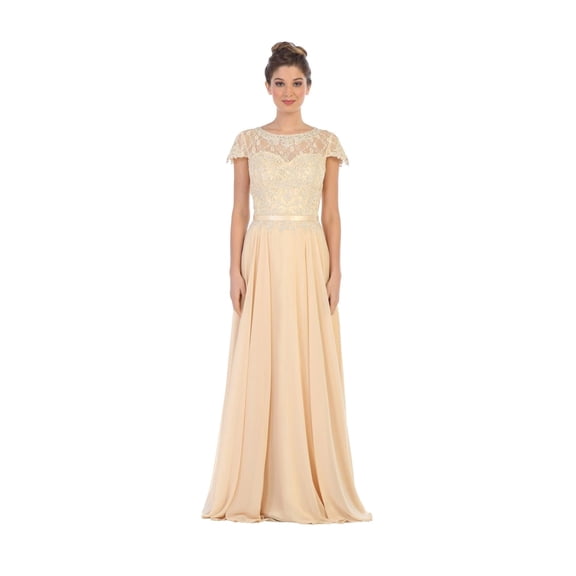 Women's Eva USA 5130 Long Mother Of Groom Beaded Chiffon Formal Gown Champagne Goldish Beige S