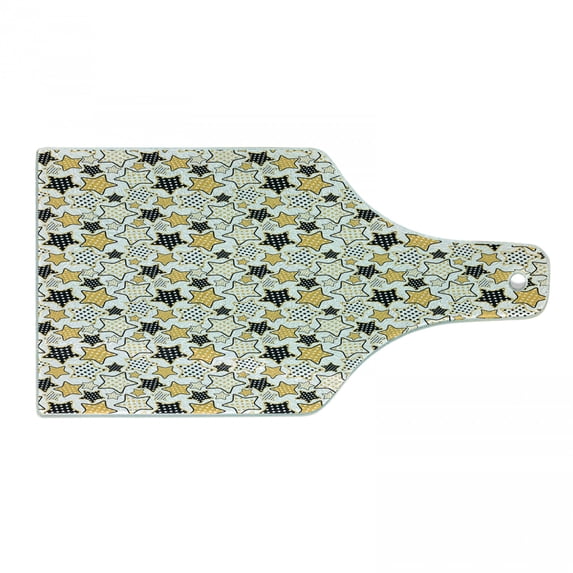 Yellow Cutting Board, Yellow and Black Stars with Retro Style Polka Dots Pattern Old Fashion Fun, Tempered Glass Cutting and Serving Board, Wine Bottle Shape, Marigold Black White, by Ambesonne