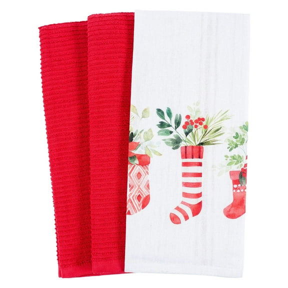 KAF Home Holiday Mixed Flat and Terry Printed Dish Towel Set of 3, 100-Percent Cotton, 18 x 28-inch Stockings