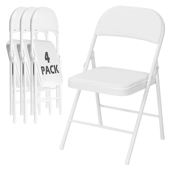 4 Pack White Folding Chairs with Padded Cushion for Outside, Portable Stackable Metal Foldable Chairs with Steel Frame for Home Events Office Wedding Party, 350lbs Capacity