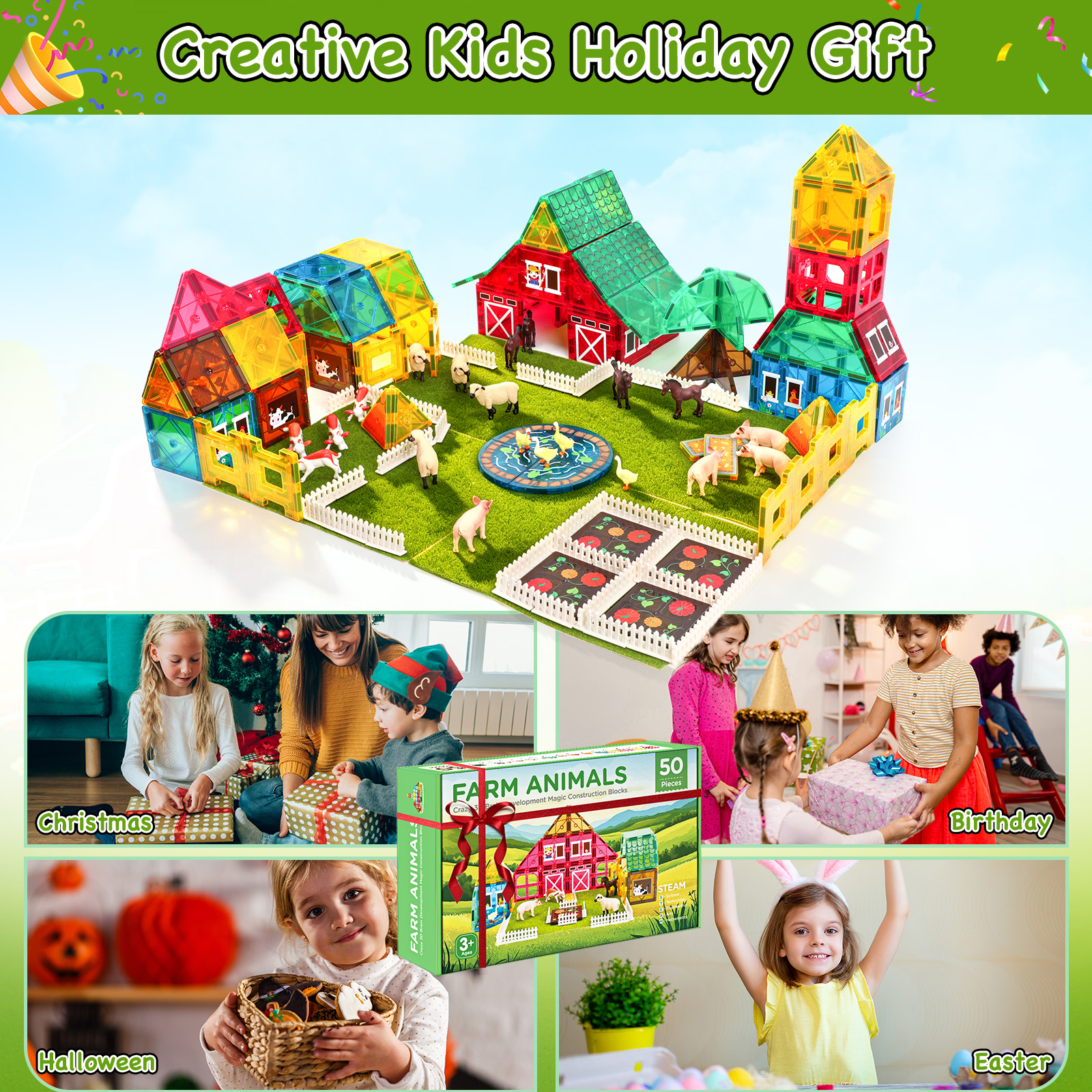 FunMagic 50-Piece Magnetic Farm Animal Building Set photo 7