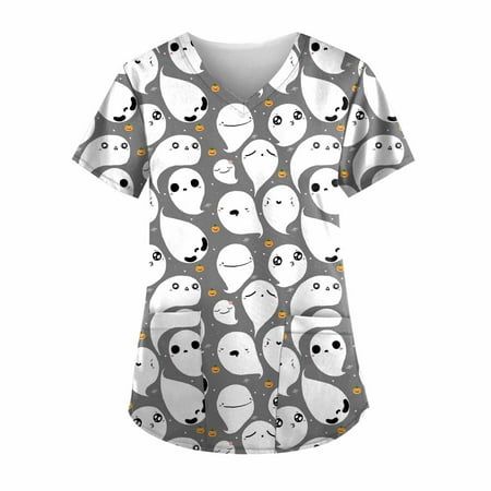 

Halloween Print Scrub Tops for Women Breathable Pumpkin Cat Bat Pattern V-Neck T-Shirts Tee Tops with Pockets
