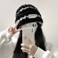 thumbnail image 5 of Gorro de lana para mujer, de invierno, tejido a rayas, con aspecto de cara, de felpa, cálido, grueso, con gran circunferencia de la cabeza, protección para las orejas, gorro de pelo, 5 of 5