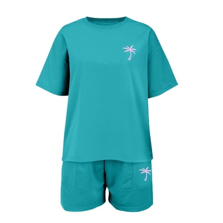 GiLiling Girls Summer Casual Sports Outfit Set - Coconut Tree Print Short Sleeve T Shirt with Shorts 2 Piece Set (Beige 9-10 Years)