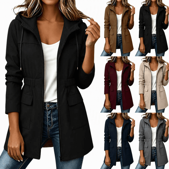Jsaierl Women's Hooded Utility Anorak Jacket Drawstring Waist with Flap Pockets Lightweight Spring Fall Casual Travel Coat