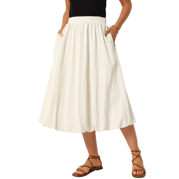 INSPIRE CHIC Women's Bubble Skirt Elastic Waist Ruffle Flowy Y2k Puffy Hem Casual A Line Midi Skirts with Pockets S Beige