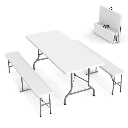 Ktaxon 3-Piece Outdoor Picnic Tableset, 6Ft HDPE Folding Table with 2 Folding Benches, High Quality Weather Resistant Patio Set for Indoor Outdoor Camping Parties Commercial Events