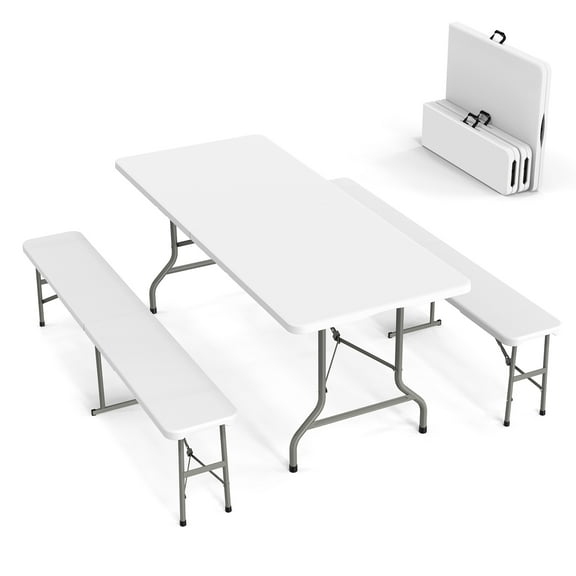 Ktaxon 3-Piece Outdoor Picnic Tableset, 6Ft HDPE Folding Table with 2 Folding Benches, High Quality Weather Resistant Patio Set for Indoor Outdoor Camping Parties Commercial Events