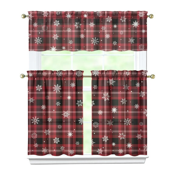 3-Piece Christmas Kitchen Curtain Set - Ruffled Valance and Tier Curtains with Rod Pocket, Fresh Winter Pattern for Farmhouse Kitchen Windows Decor, 54"x14" 27.5"x36"x2