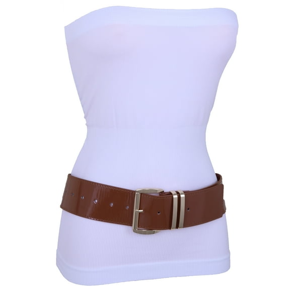 Women Waist Hip Wide Band Brown Color Fashion Belt Gold Metal Buckle Size M L XL