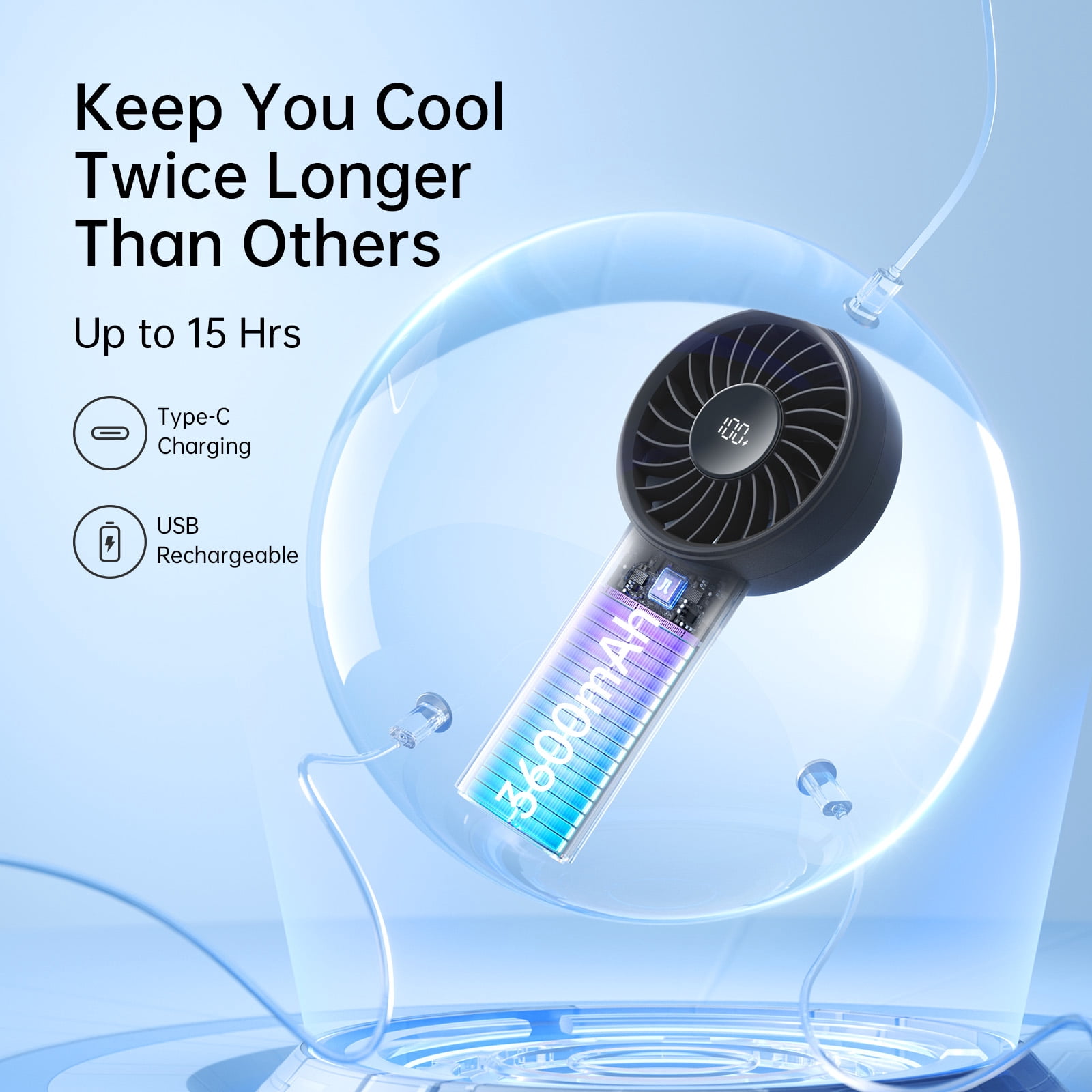 JISULIFE Handheld Fan - 5-Speed LED Display & 5000mAh Battery, USB-C Rechargeable with Lanyard, Compact Cooling for Travel/Beach/Makeup
