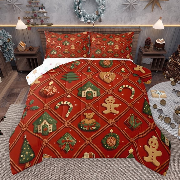 jejeloiu Cute Gingerbread Man Bedding Comforter Set,Merry Christmas Twin Comforter Sets,Happy New Year Bedding Set For Girls Kids,Microfiber Bedroom Decor Reversible,2pcs