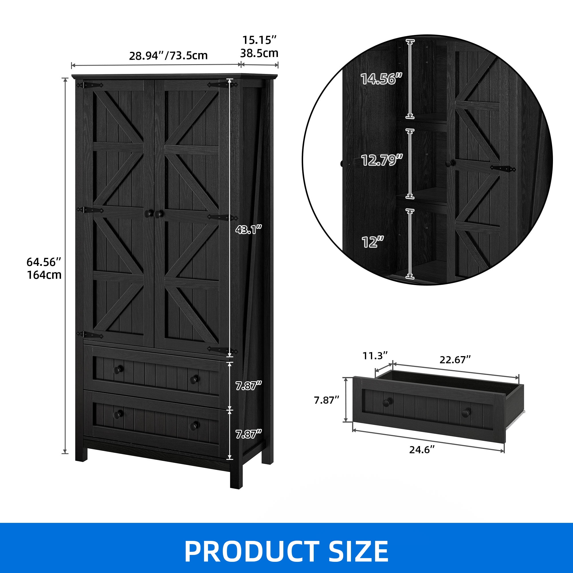 Dextrus Kitchen Pantry Cabinet with Doors & Drawers, Storage Cabinet with Adjustable Shelves, Black